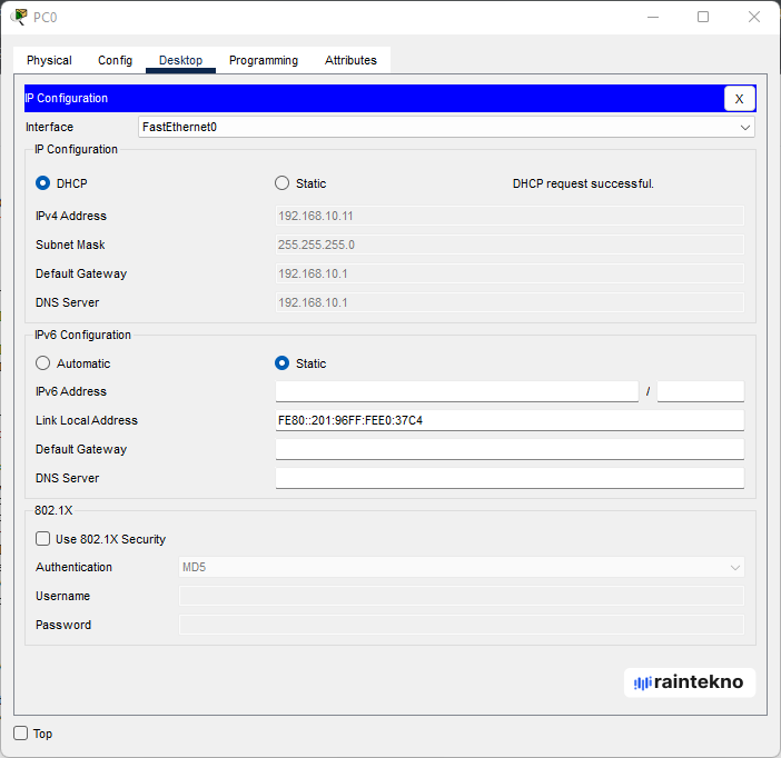 Cara Konfigurasi DHCP Server di Router Cisco Packet Tracer - IP Address PC0